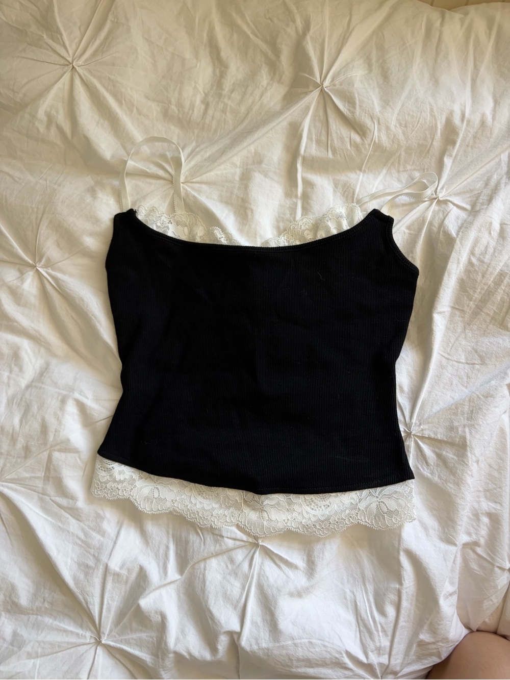 Black Lace-Trim Ribbed Cami Tank Top with White Lace